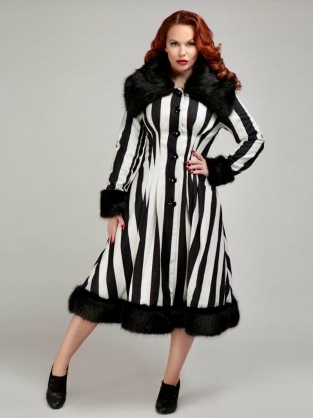 Rare Collectif Pearl Coat L Black White Striped Faux Fur Vintage